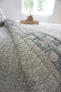 Block Print Cotton Quilt Reversible - Pale Blue