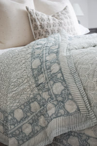 Block Print Cotton Quilt Reversible - Pale Blue